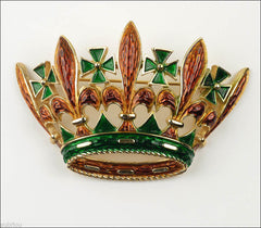 Vintage Trifari Heraldic Orange Green Snake Skin Enamel Crown Royal Brooch Pin 1960's