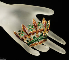 Vintage Trifari Heraldic Orange Green Snake Skin Enamel Crown Royal Brooch Pin 1960's