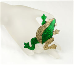 Lea Stein Rhana The Leaping Frog Brooch Pin Green Gold Flake