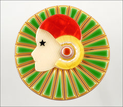 Lea Stein Full Collerette Art Deco Girl Brooch Pin Green Red