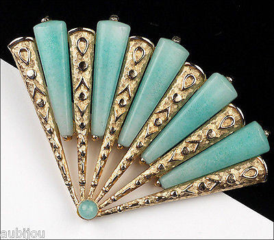 Vintage Marvella Asian Oriental Figural Light Blue Art Glass Fan Brooch Pin 1960's