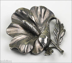 Vintage Cini Sterling Silver Floral Flower Poppy Hibiscus Brooch Pin Earrings Set
