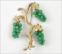 Vintage Marvella Grape Vine Faux Jade Green Peking Glass Cluster Tree Brooch Pin 1960's