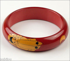Rare Vintage Pierrot Hand Painted Dark Red French Galalith Bracelet Bangle Art Deco