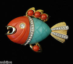 Vintage Hattie Carnegie Faux Coral Turquoise Lucite Figural Piranha Fish Brooch Pin