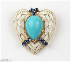 Vintage Trifari L'Orient Blue Cabochon White Enamel Heart Brooch Pin Snake Skin 1960's