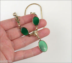 Vintage Van Dell Gold Filled Faux Chrysoprase Green Glass Cabochon Necklace Set 1960's