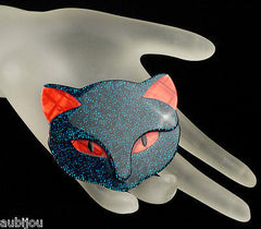 Lea Stein Bacchus The Cat Head Brooch Pin Dark Blue Red Mannequin