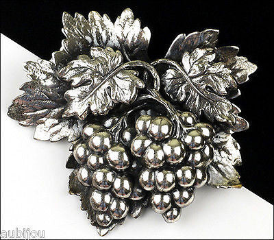 Vintage Napier 3D Floral Silverplated Grape Cluster Fruit Brooch Pin 1960's
