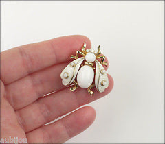 Vintage Crown Trifari Figural White Enamel Cabochon Fly Bug Insect Brooch Pin