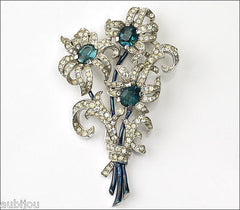 Vintage Crown Trifari Montana Blue Rhinestone Floral Flower Pin Fur Clip 1940's Spaney