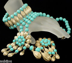 Vintage Trifari Faux Turquoise Blue Cabochon Parure Necklace Brooch Pin Bracelet