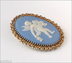 Vintage Wedgwood Gold Filled Blue Jasper Porcelain Angel Cupid Cameo Brooch Pin 1960's