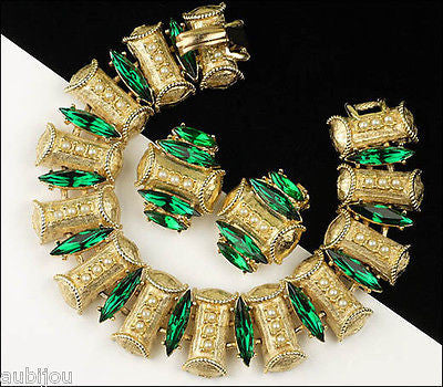 Vintage Signed Art Ornate Emerald Green Rhinestone Simulated Pearls Bracelet Set 1960's