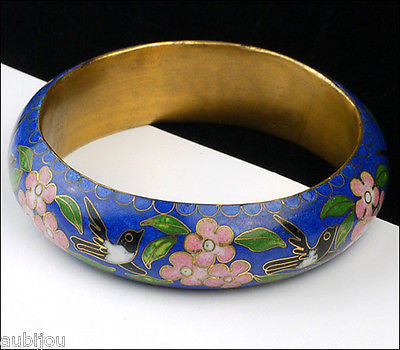 Vintage Cloisonne Dark Blue Enamel Floral Cherry Blossom Bird Bangle Bracelet 1970's