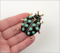 Vintage Trifari Figural Enamel Faux Turquoise Ladybug Beetle Bug Brooch Pin Set 1960's