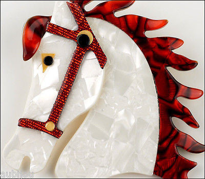 Lea Stein Butter The Horse Head Brooch Pin Pearly White Red Gallery