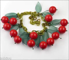French Plastic Dangling Red Cherry Green Leaf Fruit Necklace Summer Paris