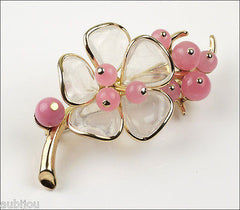 Vintage Trifari Pink Poured Glass Floral Flower Translucent Brooch Pin Set Earrings