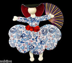 Lea Stein Ballerina Scarlett O'Hara Fan Brooch Pin Floral Blue White Purple