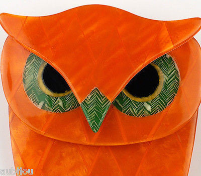 Lea Stein Buba The Owl Bird Brooch Pin Pearly Orange Green Gallery