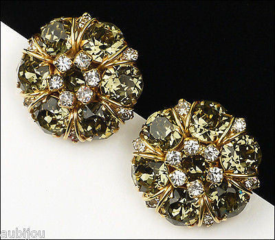 Vintage Hattie Carnegie Smoky Faceted Glass Rhinestone Clip On Earrings 1950's Jewelry