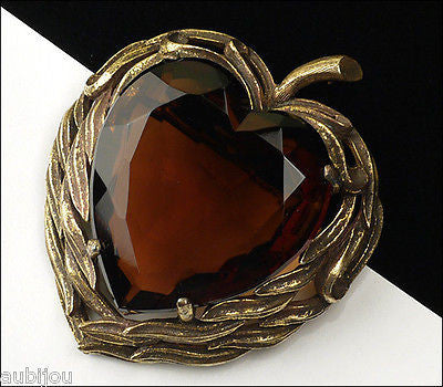 Vintage Capri Openback Smoked Topaz Glass Rhinestone Heart Leaf Brooch Pin Pendant