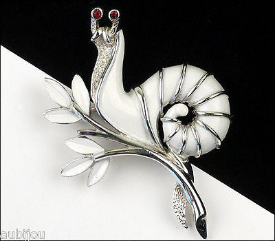 Vintage Crown Trifari Figural White Enamel Snail Brooch Pin Shell Slug 1960's