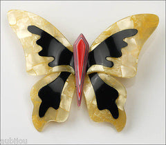 Lea Stein Elfe The Butterfly Insect Brooch Pin Jonquil Black Red Front
