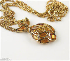 Vintage Trifari Modern Mosaic Amber Molded Glass Pendant Necklace Delicate 1960's