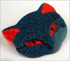 Lea Stein Bacchus The Cat Head Brooch Pin Dark Blue Red Side