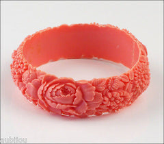 Vintage Japan Celluloid Floral Rose Lily Of The Valley Pink Coral Bracelet Bangle 1950's