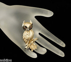 Vintage Crown Trifari 3D Figural Bird Owl Red Cabochon Fashion Brooch Pin 1960's