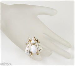 Vintage Crown Trifari Figural White Enamel Cabochon Fly Bug Insect Brooch Pin