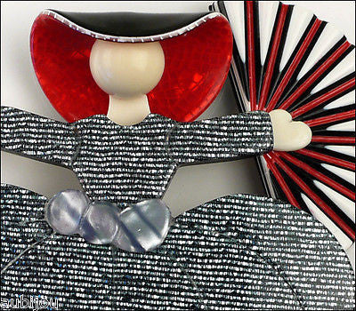 Lea Stein Ballerina Scarlett O'Hara Fan Brooch Pin Silver Grey Red White Gallery