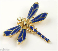 Vintage Crown Trifari Figural Dark Blue Enamel Dragonfly Insect Brooch Pin 1960's