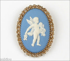 Vintage Wedgwood Gold Filled Blue Jasper Porcelain Angel Cupid Cameo Brooch Pin 1960's