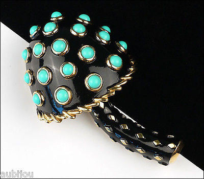 Vintage Crown Trifari Black Enamel Turquoise Beads Mushroom Brooch Pin Toadstool 1960's
