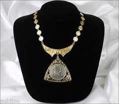 Vintage Signed Art Egyptian Revival King Pharaoh Queen Pendant Necklace Medallion 1970's
