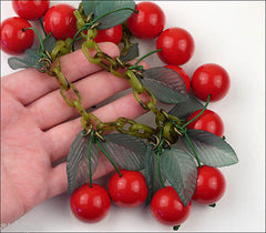 French Plastic Dangling Red Cherry Green Leaf Fruit Necklace Summer Paris