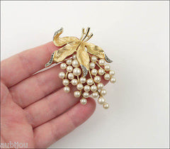 Vintage Trifari Floral Leaf Smoky Rhinestone Faux Pearl Brooch Pin Gems Of The Sea
