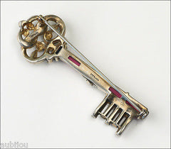 Vintage Trifari Sterling Silver Fuchsia Faceted Glass Rhinestone Key Brooch Pin 1940's