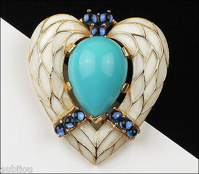 Vintage Trifari L'Orient Blue Cabochon White Enamel Heart Brooch Pin Snake Skin 1960's
