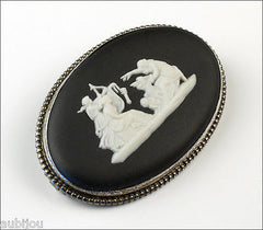 Vintage Wedgwood Black Jasper Ware Porcelain Cameo Sterling Silver Brooch Pin Boxed
