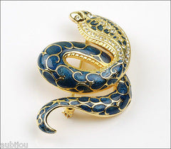Joan Rivers Figural Blue Enamel Rhinestone Snake Serpent Cobra Brooch Pin