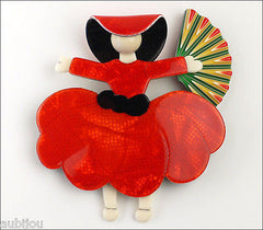 Lea Stein Ballerina Scarlett O'Hara Fan Brooch Pin Red Black Multicolor Front