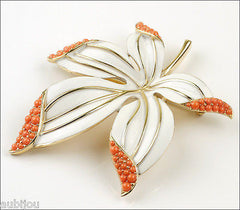 Vintage Trifari Large Floral White Enamel Faux Coral Cabochon Leaf Brooch Pin 1960's