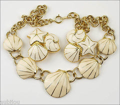 Vintage Trifari Figural Cream Enamel Sea Star Fish Ocean Necklace Choker Earring Set