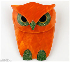 Lea Stein Buba The Owl Bird Brooch Pin Pearly Orange Green Front
