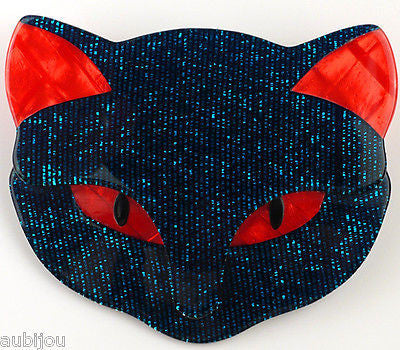 Lea Stein Bacchus The Cat Head Brooch Pin Dark Blue Red Gallery